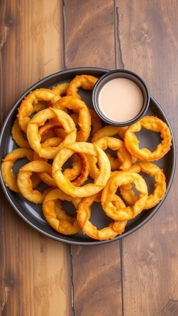 A plate of golden crispy onion ring chips with a dipping sauce on a rustic wooden table.